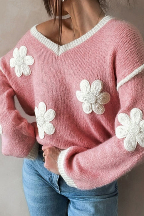 Floral Applique Drop Shoulder V Neck Knit Sweater