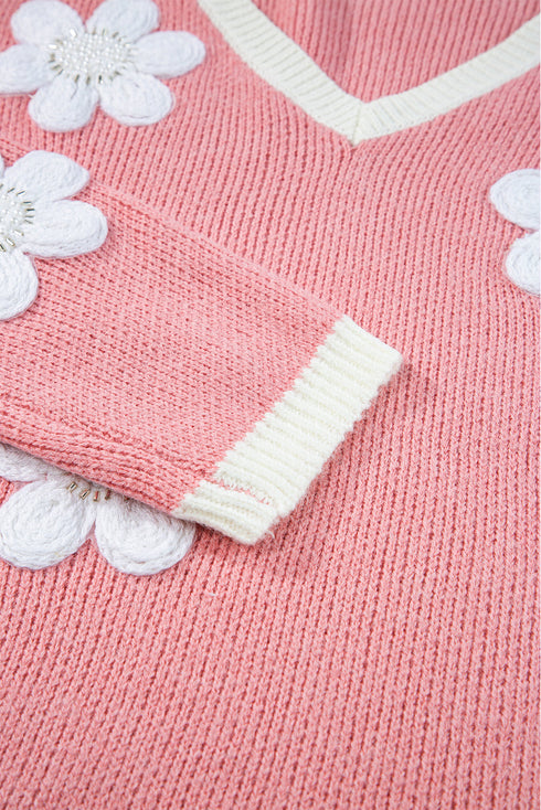 Floral Applique Drop Shoulder V Neck Knit Sweater