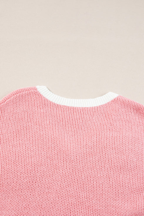 Floral Applique Drop Shoulder V Neck Knit Sweater