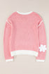 Floral Applique Drop Shoulder V Neck Knit Sweater