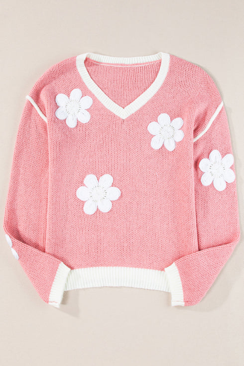 Floral Applique Drop Shoulder V Neck Knit Sweater