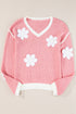 Floral Applique Drop Shoulder V Neck Knit Sweater