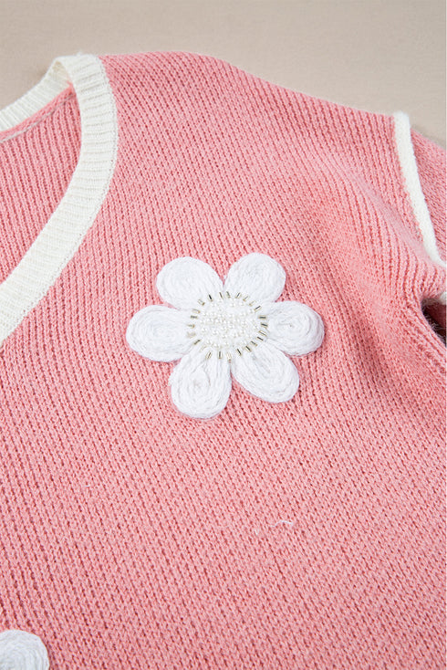 Floral Applique Drop Shoulder V Neck Knit Sweater