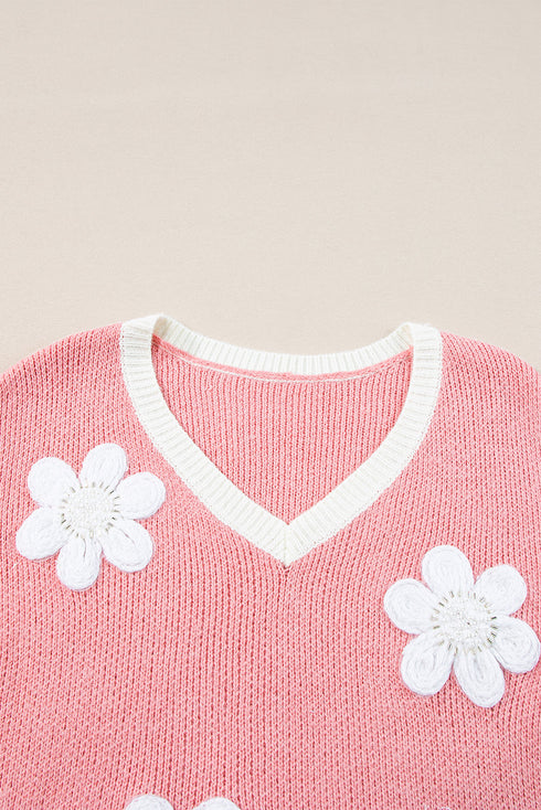 Floral Applique Drop Shoulder V Neck Knit Sweater