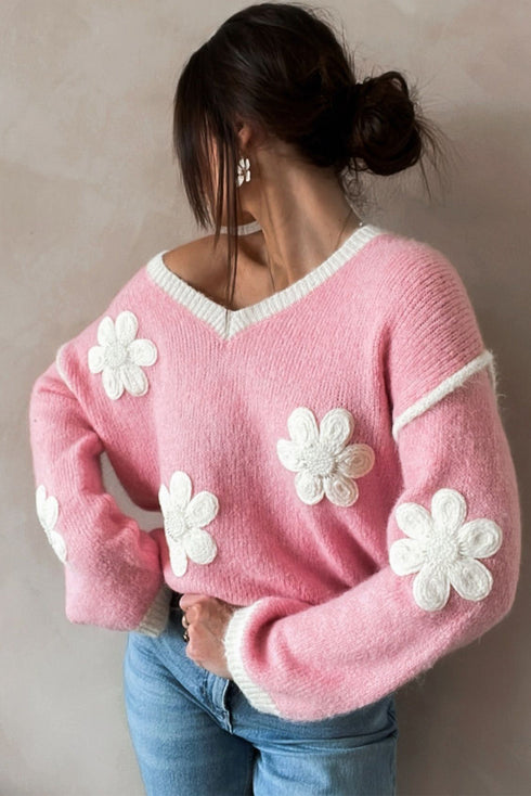 Floral Applique Drop Shoulder V Neck Knit Sweater