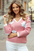 Floral Applique Drop Shoulder V Neck Knit Sweater