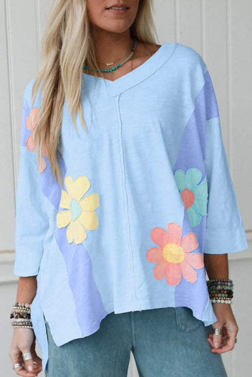 Floral Applique Exposed Seam Bracelet Sleeve Oversized Top