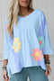 Floral Applique Exposed Seam Bracelet Sleeve Oversized Top