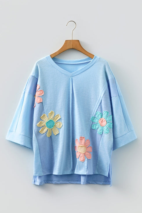 Floral Applique Exposed Seam Bracelet Sleeve Oversized Top