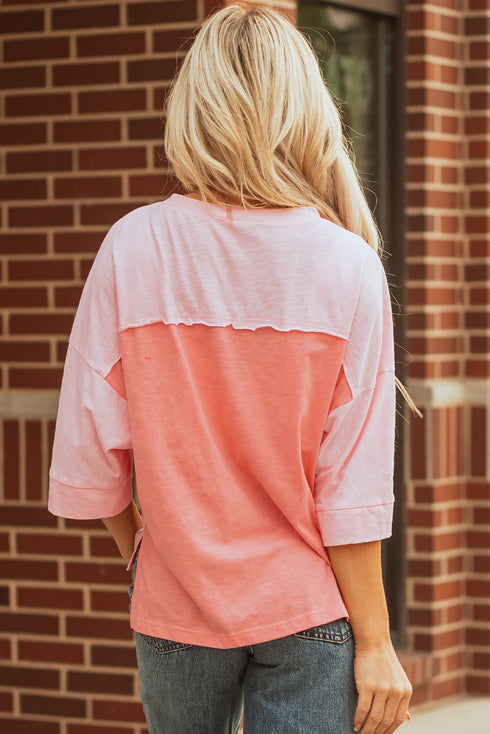 Floral Applique Exposed Seam Bracelet Sleeve Oversized Top