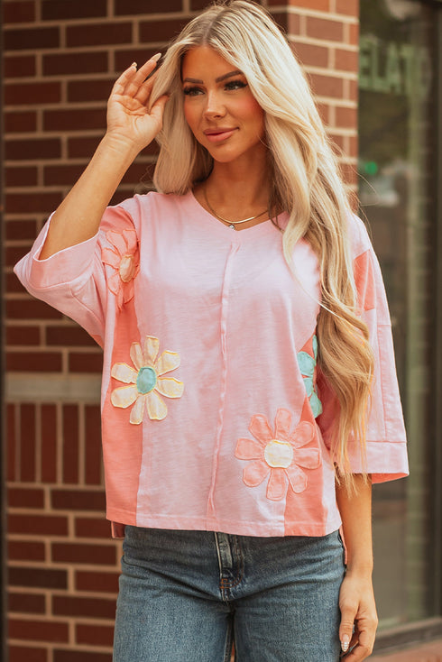 Floral Applique Exposed Seam Bracelet Sleeve Oversized Top