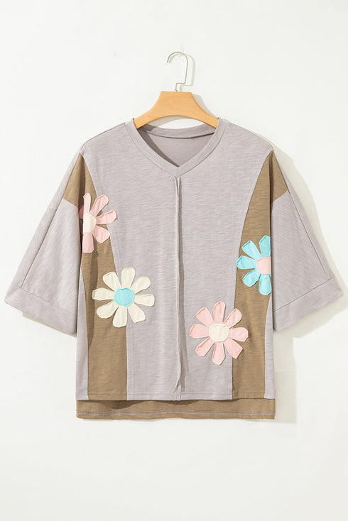 Floral Applique Exposed Seam Bracelet Sleeve Oversized Top