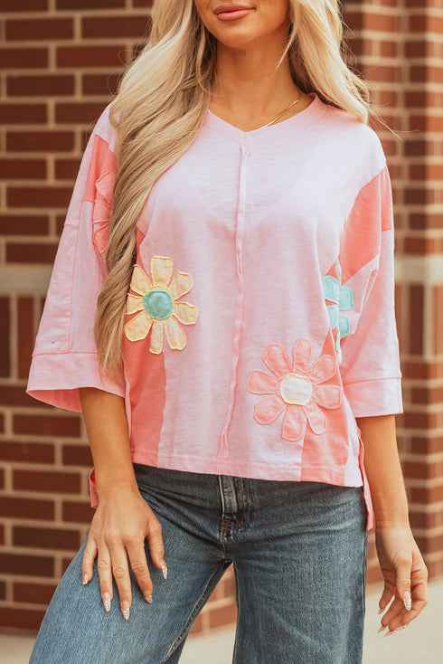 Floral Applique Exposed Seam Bracelet Sleeve Oversized Top