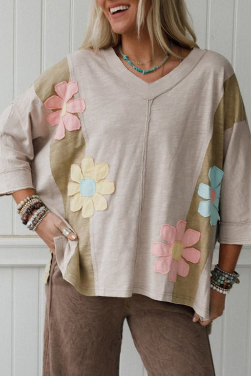 Floral Applique Exposed Seam Bracelet Sleeve Oversized Top