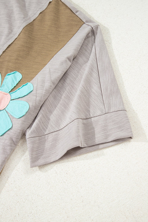 Floral Applique Exposed Seam Bracelet Sleeve Oversized Top