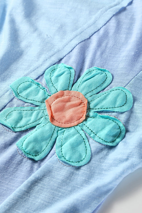 Floral Applique Exposed Seam Bracelet Sleeve Oversized Top