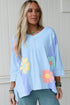 Floral Applique Exposed Seam Bracelet Sleeve Oversized Top