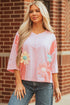 Floral Applique Exposed Seam Bracelet Sleeve Oversized Top