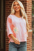 Floral Applique Exposed Seam Bracelet Sleeve Oversized Top