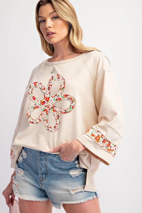 Floral Applique Exposed Seam Wide Sleeve Graphic Tee