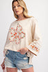 Floral Applique Exposed Seam Wide Sleeve Graphic Tee