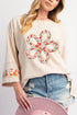 Floral Applique Exposed Seam Wide Sleeve Graphic Tee