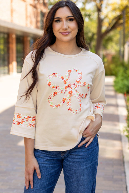 Floral Applique Exposed Seam Wide Sleeve Graphic Tee