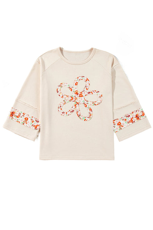 Floral Applique Exposed Seam Wide Sleeve Graphic Tee