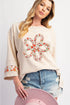Floral Applique Exposed Seam Wide Sleeve Graphic Tee