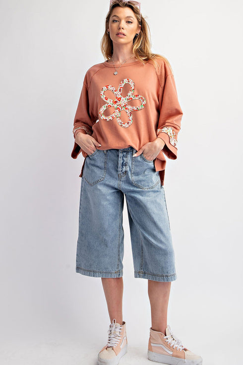 Floral Applique Exposed Seam Wide Sleeve Graphic Tee