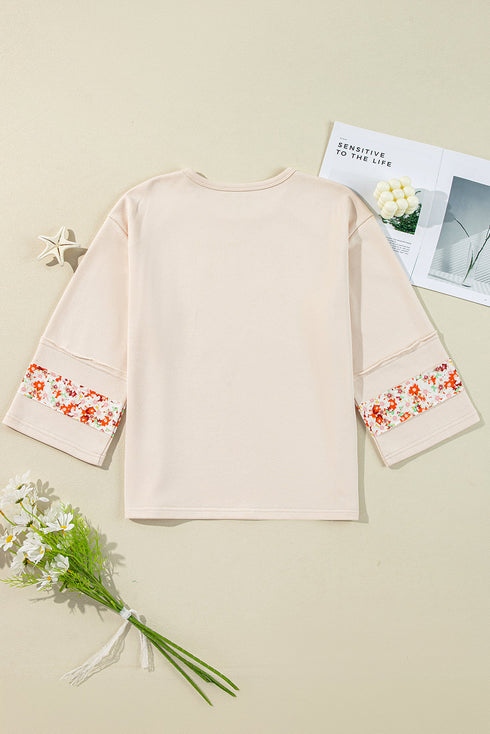 Floral Applique Exposed Seam Wide Sleeve Graphic Tee