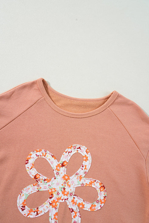 Floral Applique Exposed Seam Wide Sleeve Graphic Tee
