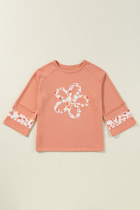 Floral Applique Exposed Seam Wide Sleeve Graphic Tee