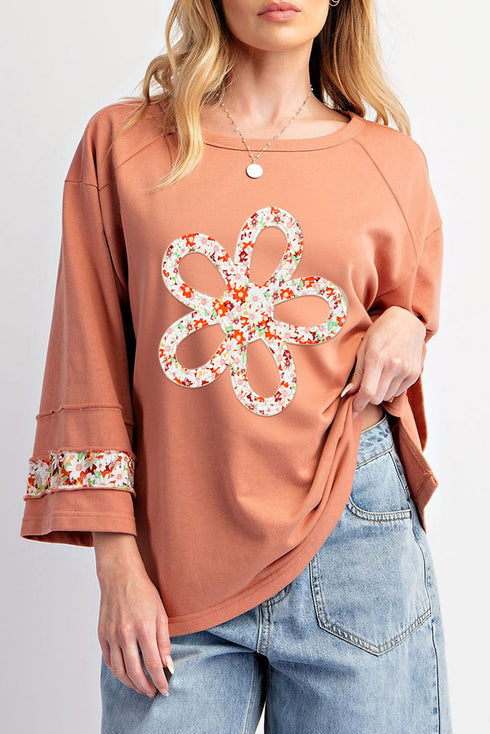 Floral Applique Exposed Seam Wide Sleeve Graphic Tee