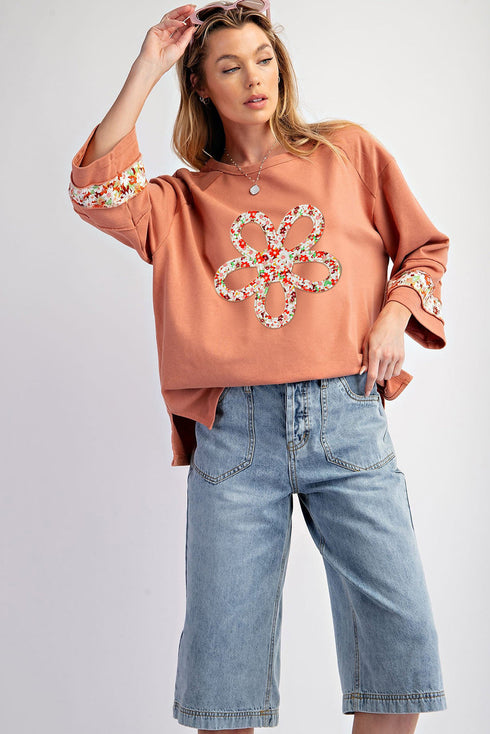 Floral Applique Exposed Seam Wide Sleeve Graphic Tee