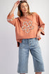 Floral Applique Exposed Seam Wide Sleeve Graphic Tee