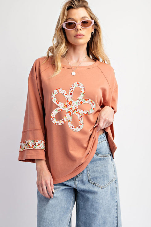 Floral Applique Exposed Seam Wide Sleeve Graphic Tee