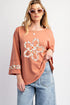 Floral Applique Exposed Seam Wide Sleeve Graphic Tee