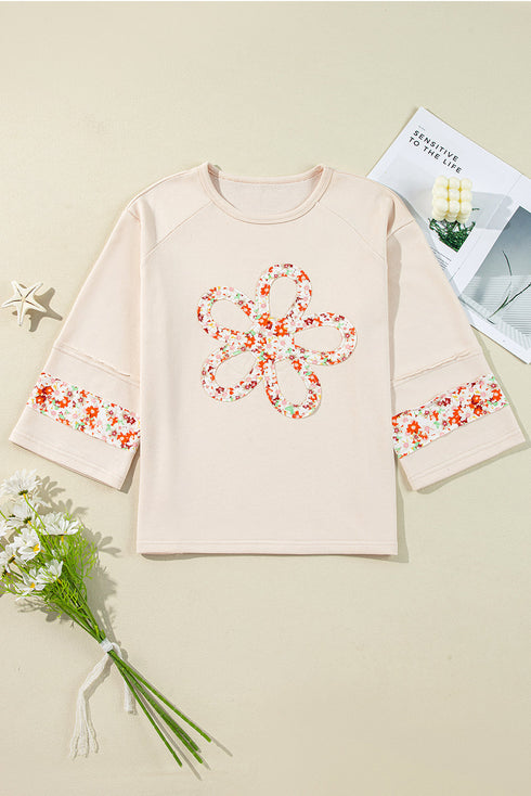 Floral Applique Exposed Seam Wide Sleeve Graphic Tee