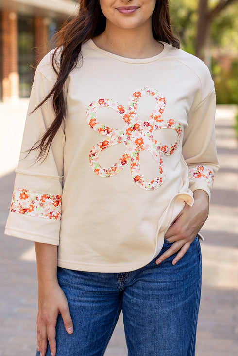 Floral Applique Exposed Seam Wide Sleeve Graphic Tee