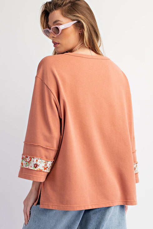 Floral Applique Exposed Seam Wide Sleeve Graphic Tee
