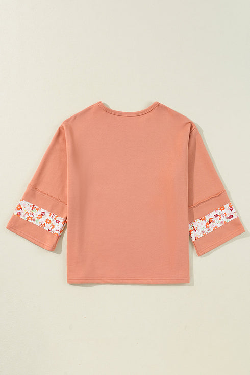 Floral Applique Exposed Seam Wide Sleeve Graphic Tee