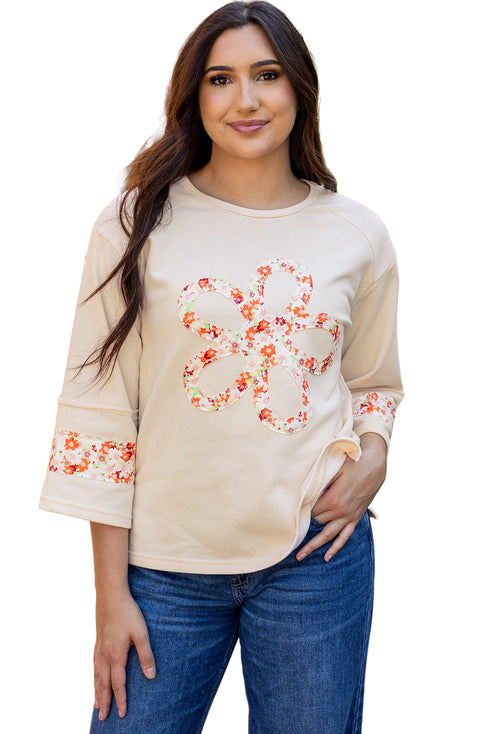 Floral Applique Exposed Seam Wide Sleeve Graphic Tee