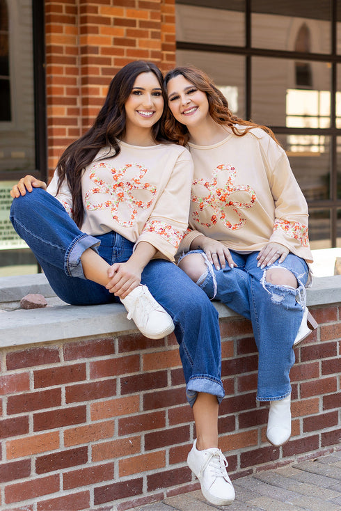 Floral Applique Exposed Seam Wide Sleeve Graphic Tee