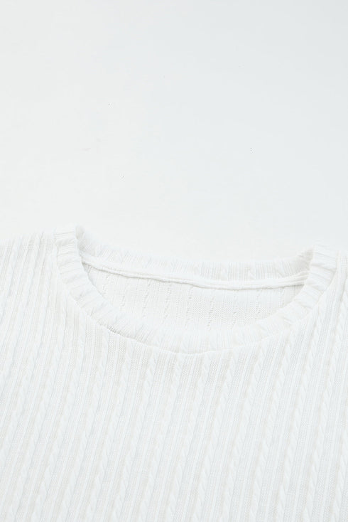 Floral Applique Mesh Sleeves Textured Knit Blouse