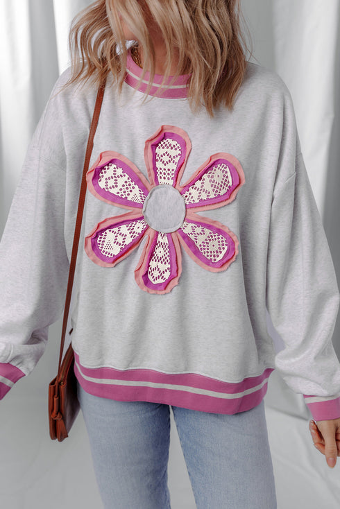 Floral Applique Mixed Media Lace Detail Pullover Sweatshirt