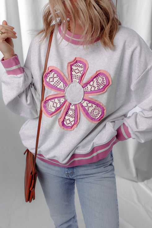 Floral Applique Mixed Media Lace Detail Pullover Sweatshirt