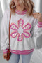Floral Applique Mixed Media Lace Detail Pullover Sweatshirt