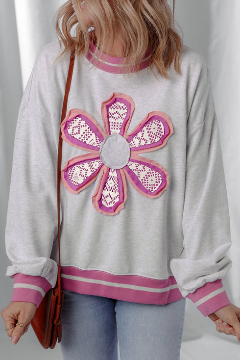 Floral Applique Mixed Media Lace Detail Pullover Sweatshirt