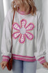 Floral Applique Mixed Media Lace Detail Pullover Sweatshirt